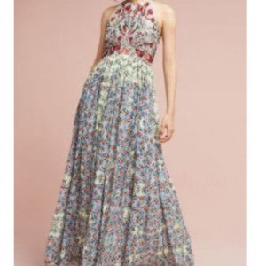 Anthropologie Floral Beaded Halter Dress